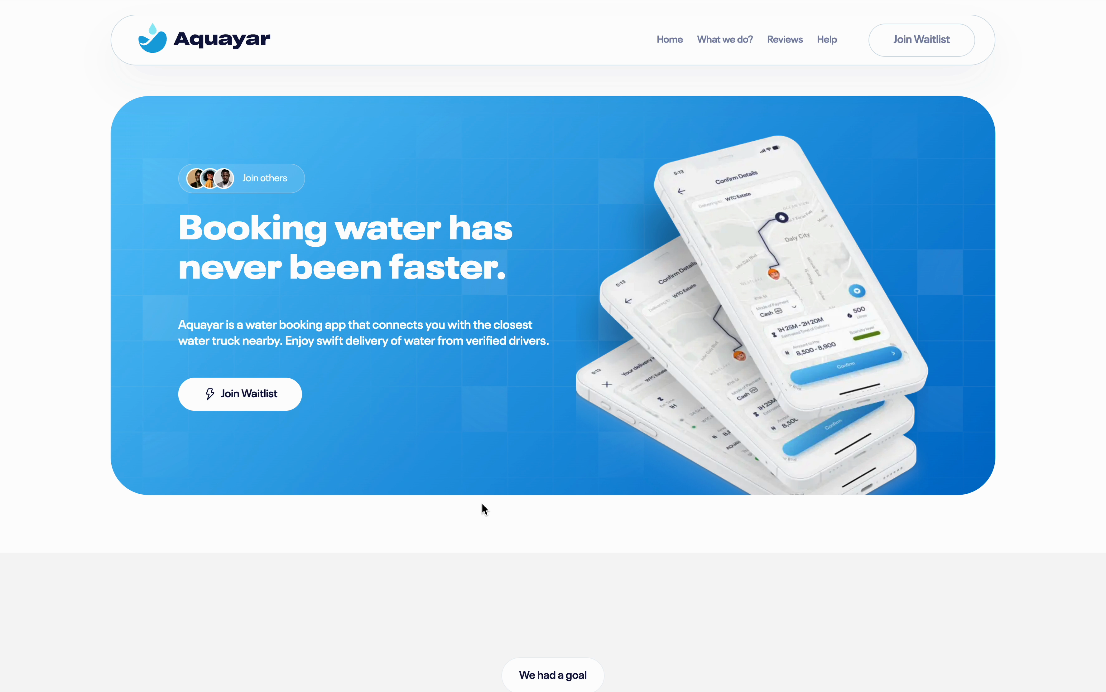 Aquayar hero: “Booking water has never been faster.” on a blue panel beside tilted phone mockups of the booking flow, with a Join Waitlist button.