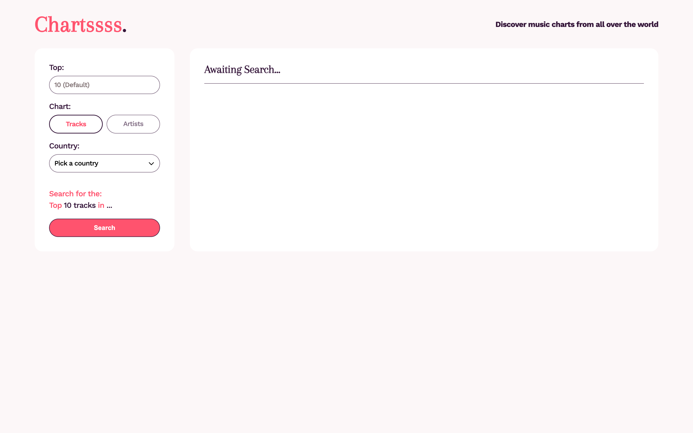 Chartssss: a pink-on-cream panel for searching top tracks or artists by country, reading “Search for the: Top 10 tracks in …” beside an Awaiting Search results card.