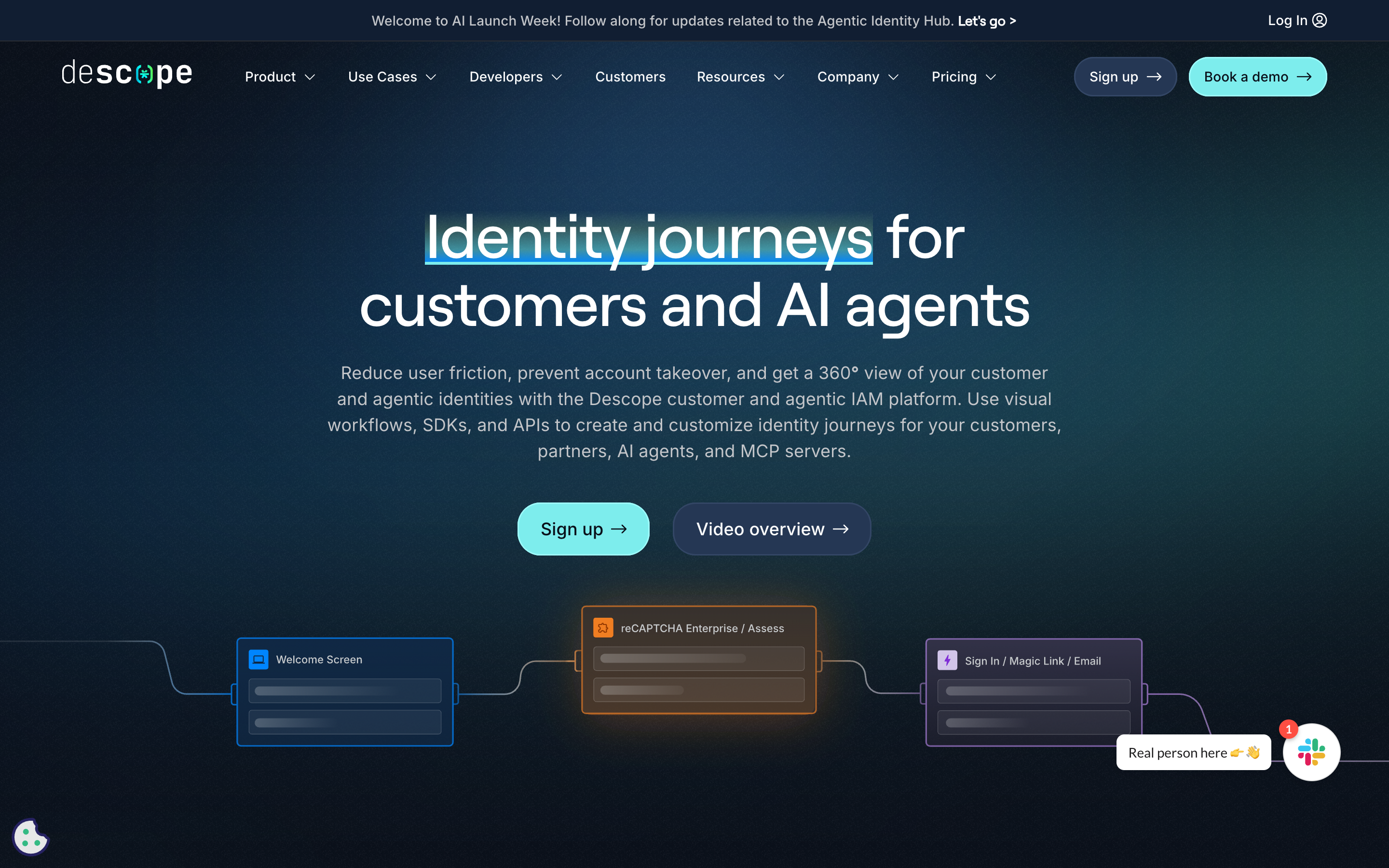 Descope homepage: “Identity journeys for customers and AI agents” over a dark blue gradient, with a visual workflow of Welcome Screen, reCAPTCHA and Magic Link nodes below.