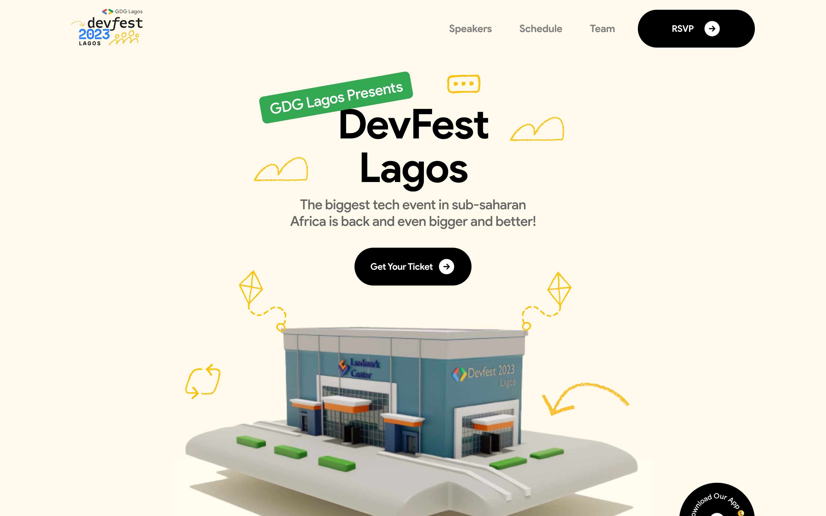 DevFest Lagos 2023 landing: “GDG Lagos Presents DevFest Lagos” in playful type above a 3D model of the Landmark Centre venue, with doodled clouds and kites on cream.