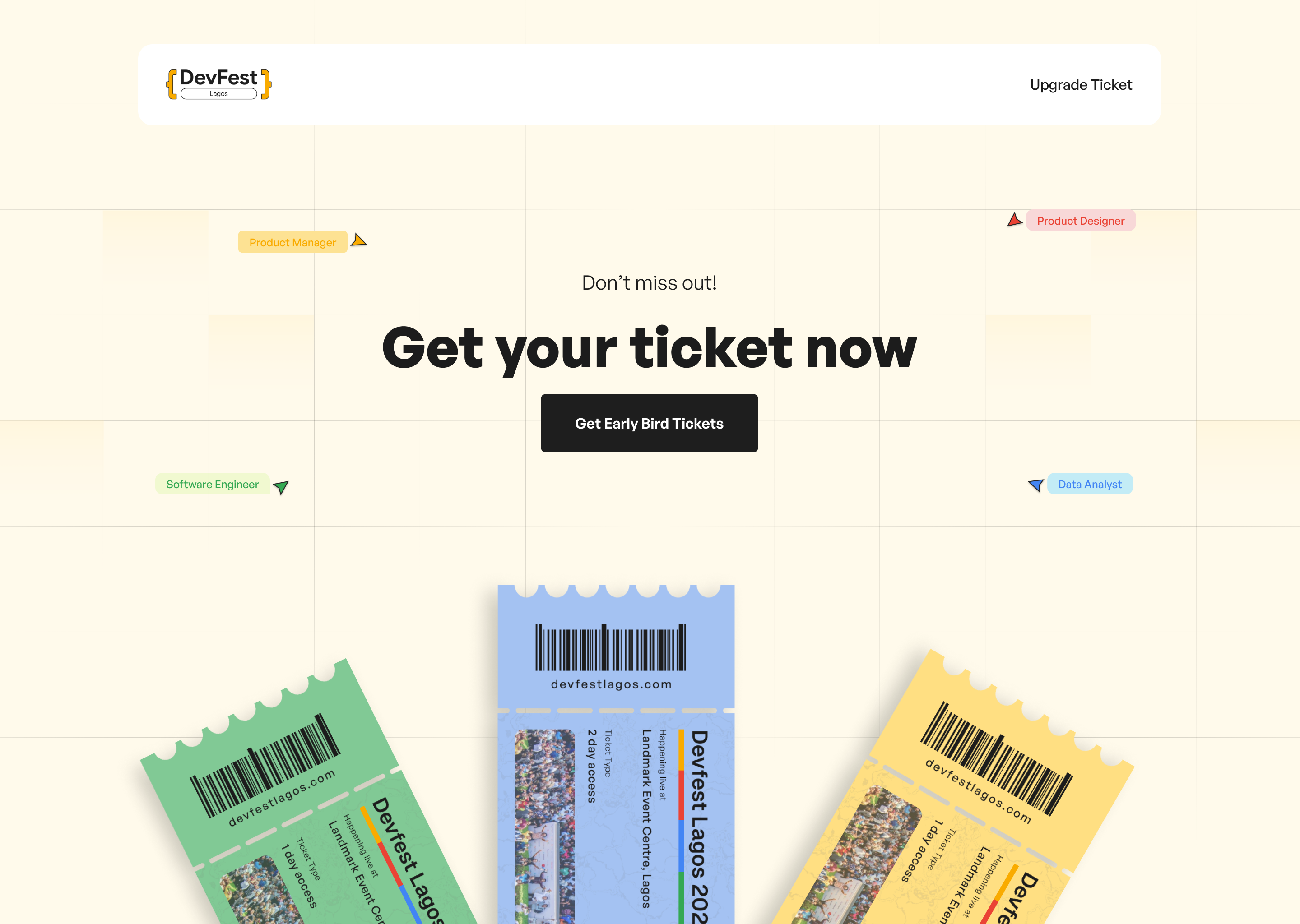 DevFest Lagos 2024 ticketing page: “Don't miss out! Get your ticket now” over three fanned barcode tickets in green, blue and yellow, with floating cursor labels for Product Manager, Software Engineer, Product Designer and Data Analyst.