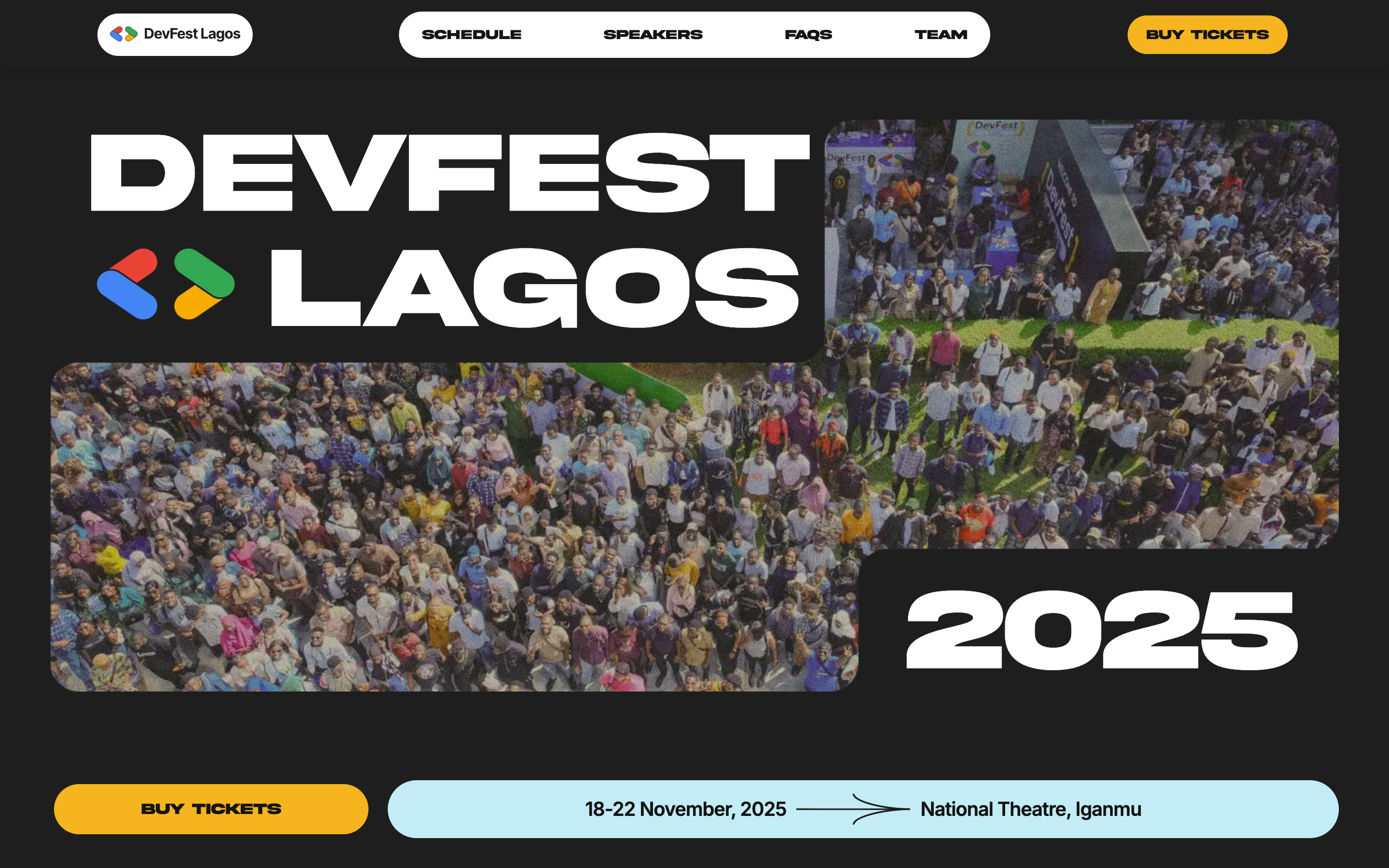 DevFest Lagos 2025 hero: giant DEVFEST LAGOS lettering with the coloured GDG brackets over aerial photos of the event crowd, and a Buy Tickets button.
