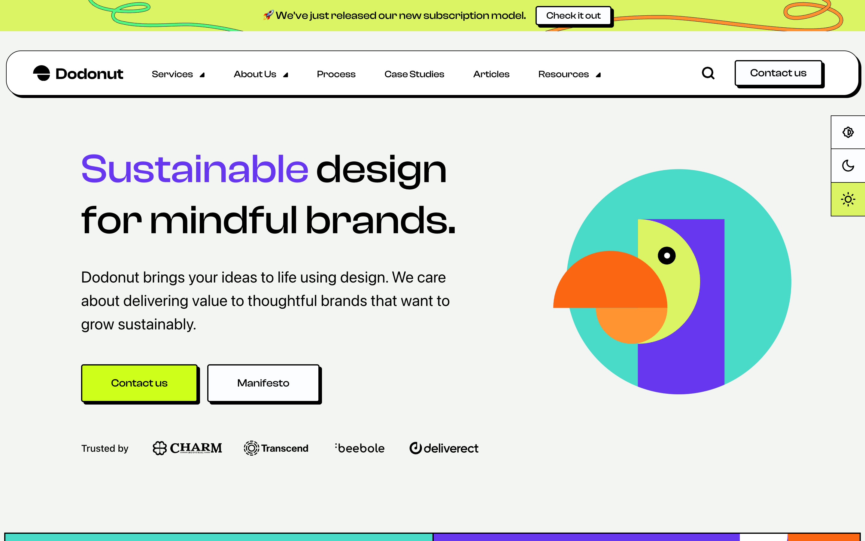 Dodonut homepage: “Sustainable design for mindful brands.” beside a geometric parrot illustration in teal, purple and orange, with a theme switcher and trusted-by logos.