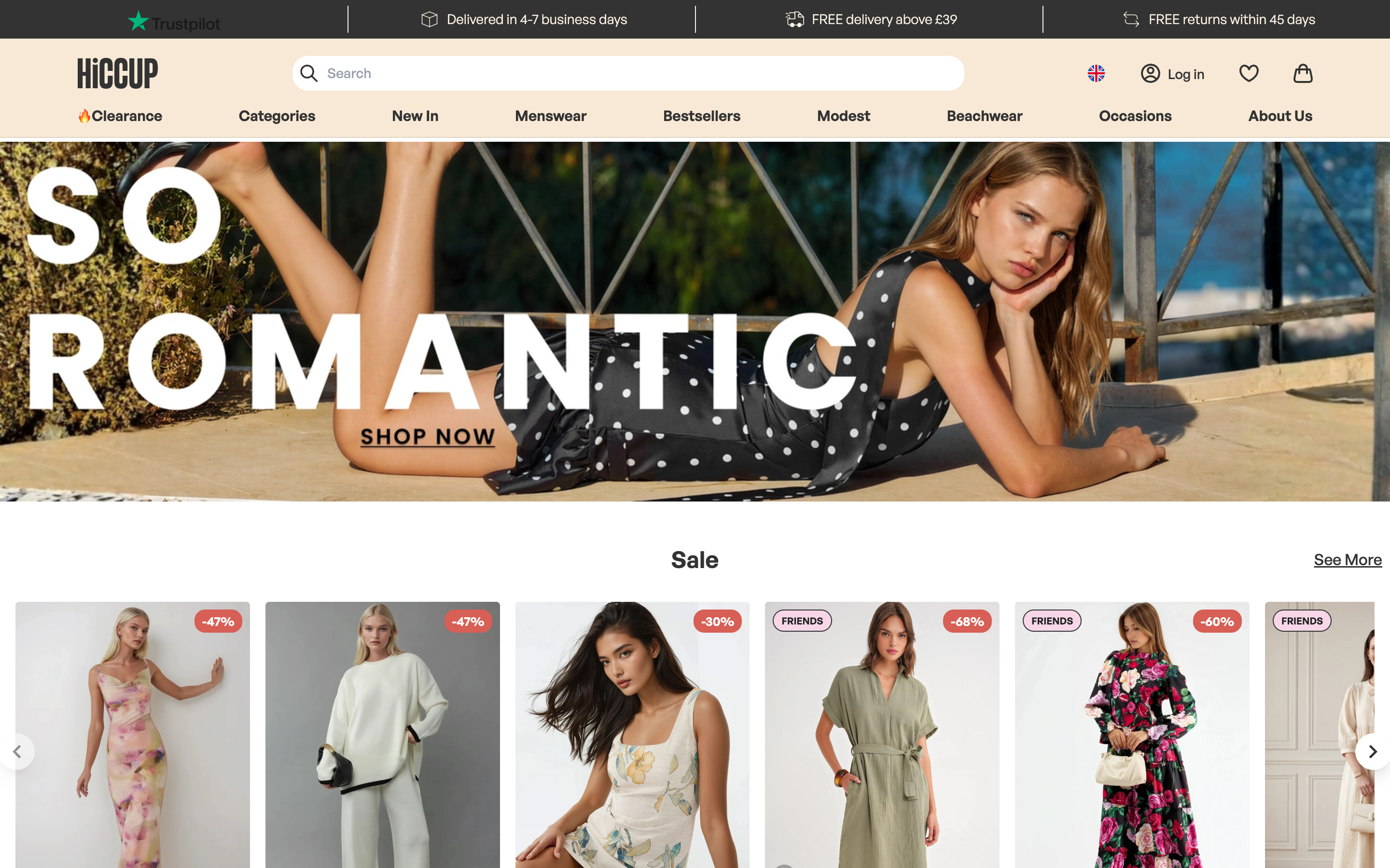 HiCCUP webshop homepage: SO ROMANTIC hero over a model in a polka-dot dress, above a Sale row of product cards with discount badges.