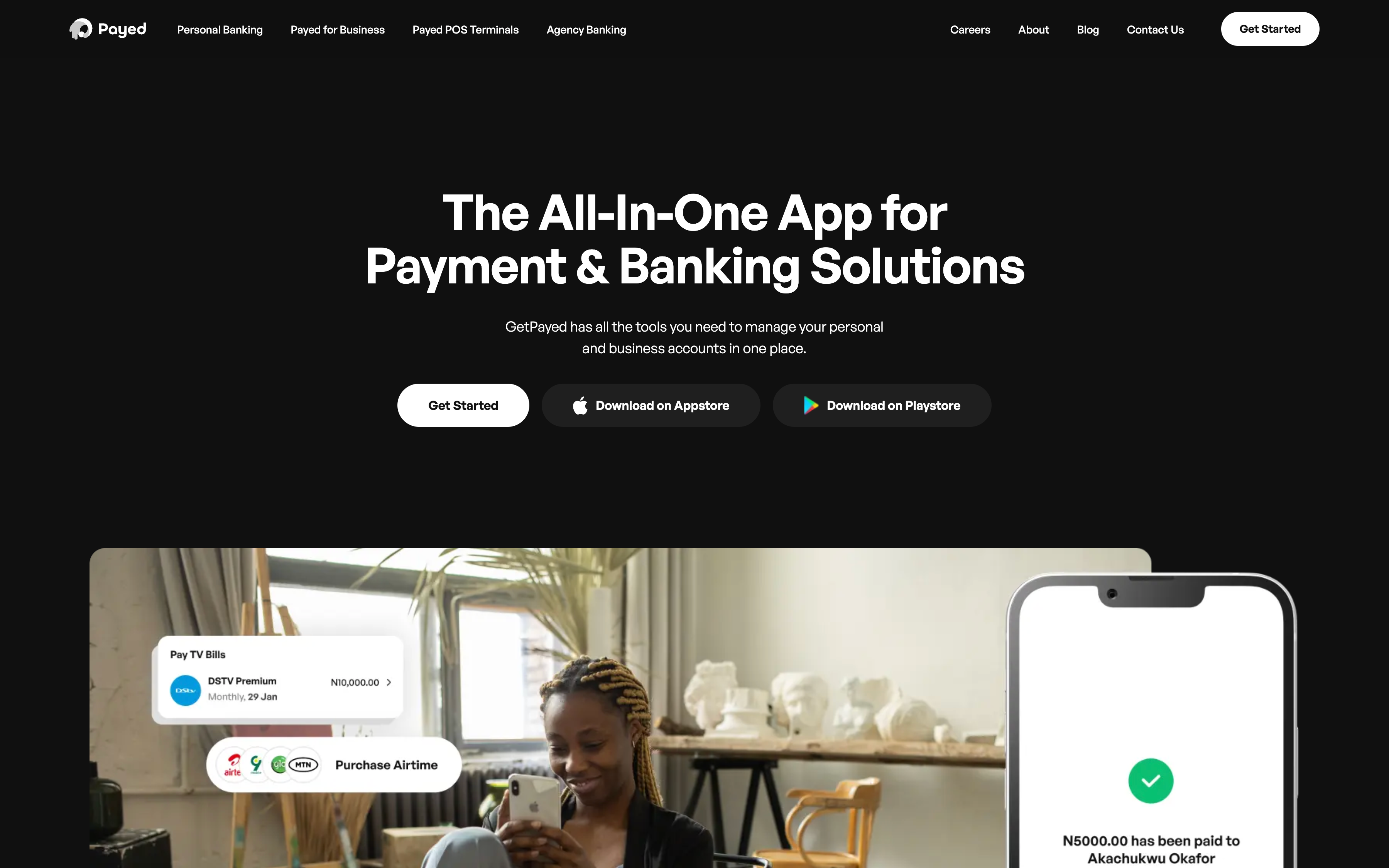 Getpayed homepage: “The All-In-One App for Payment & Banking Solutions” in white on black, with app-store buttons and a collage of a woman at her phone, bill-payment cards and an N5,000 payment confirmation on a phone mock.