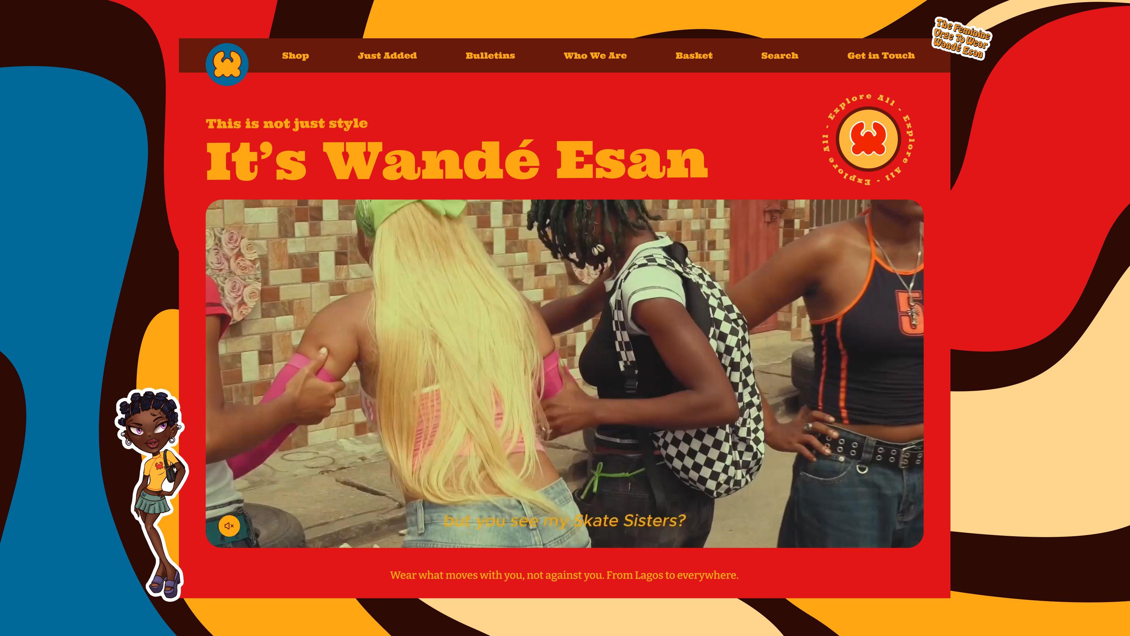 Wandé Esan homepage: “This is not just style — It's Wandé Esan” in chunky retro type on a red panel over a psychedelic swirl background, with a muted video still of four friends in Lagos streetwear and a cartoon sticker mascot.