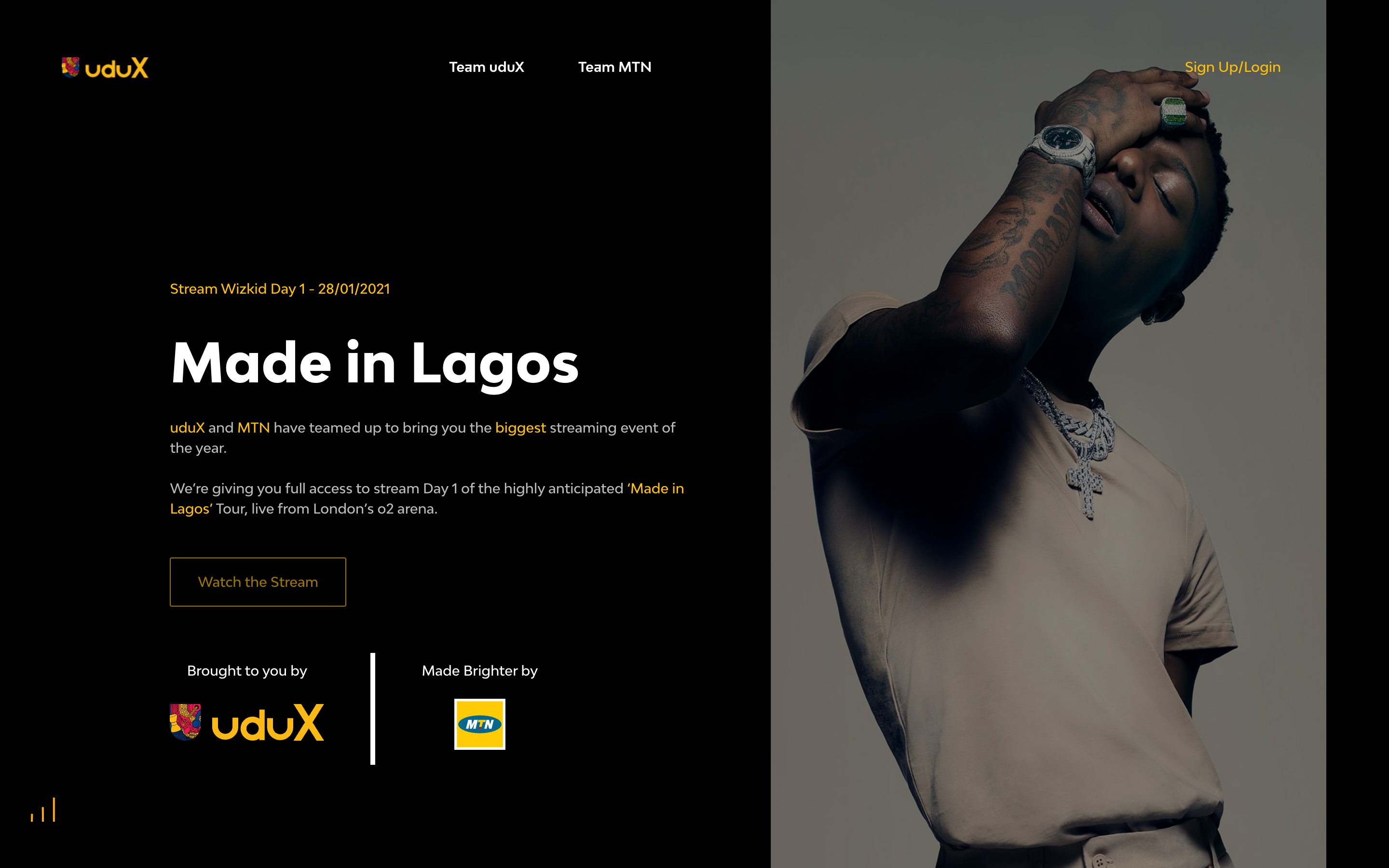 Made in Lagos landing hero: WizKid in a beige tee, hand over his face, beside the Made in Lagos headline, uduX and MTN logos, the Day 1 stream date and a Watch the Stream button on black.