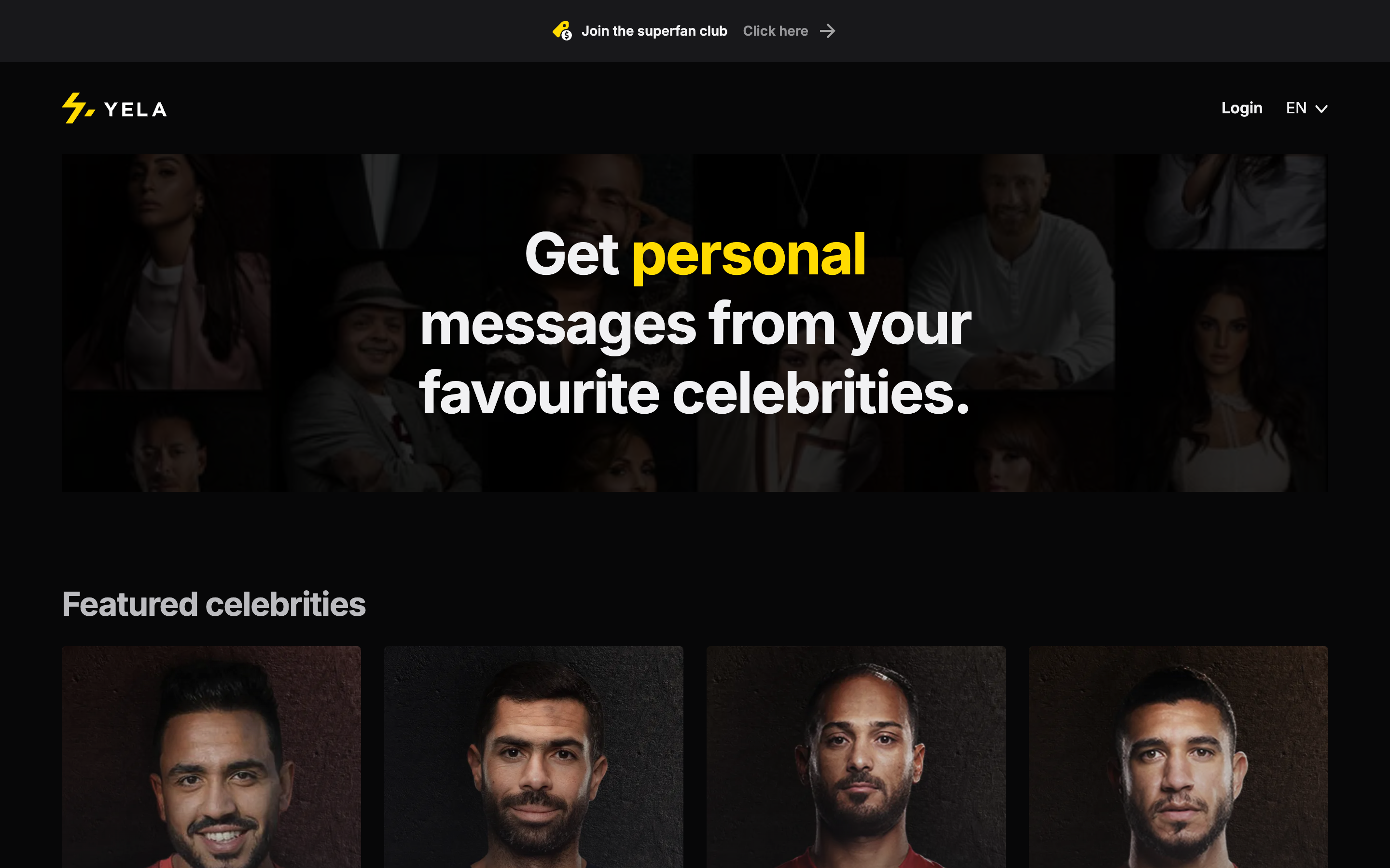 Yela homepage: “Get personal messages from your favourite celebrities.” over a dim grid of celebrity portraits, with a Featured celebrities row below.