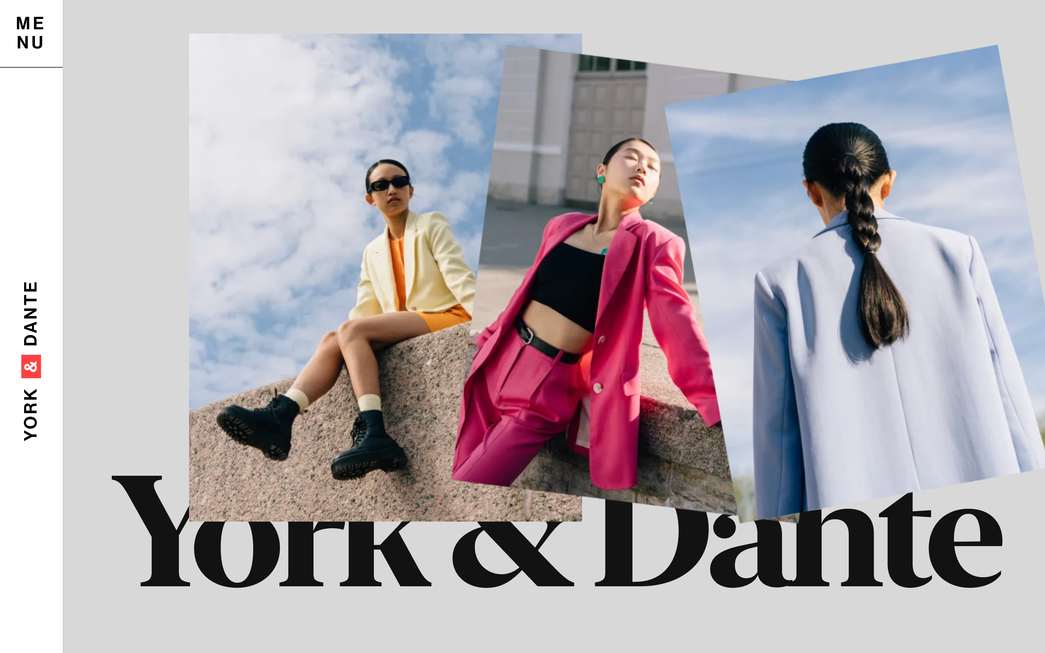 York & Dante homepage hero: a serif wordmark and the line “Natural Beauty, Fashionable Eco-Friendly Design” over a model in a pale blue jacket against open sky, with a circular Explore control.